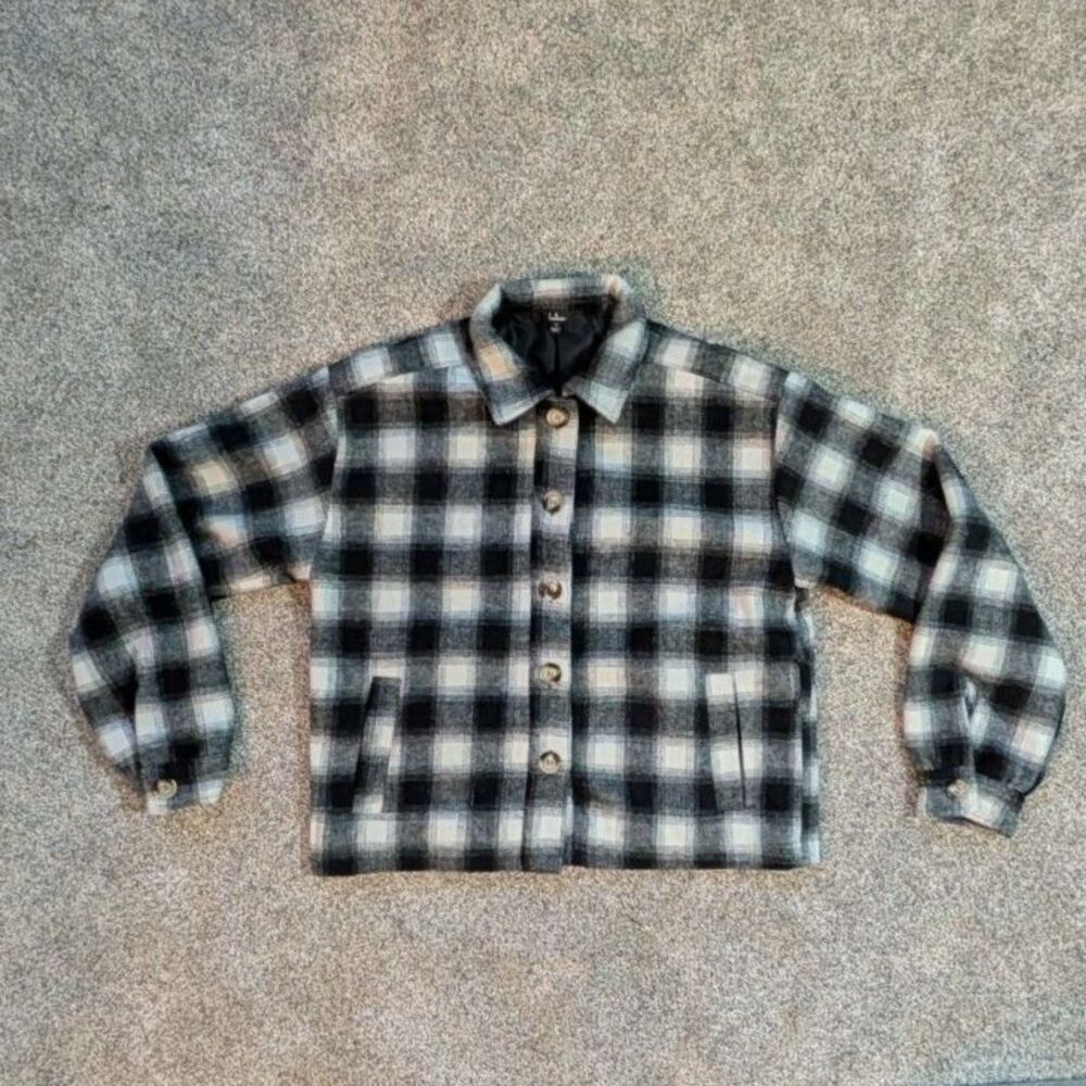 Lulus Black & White Buffalo Plaid Wool Blend Jacket S Small